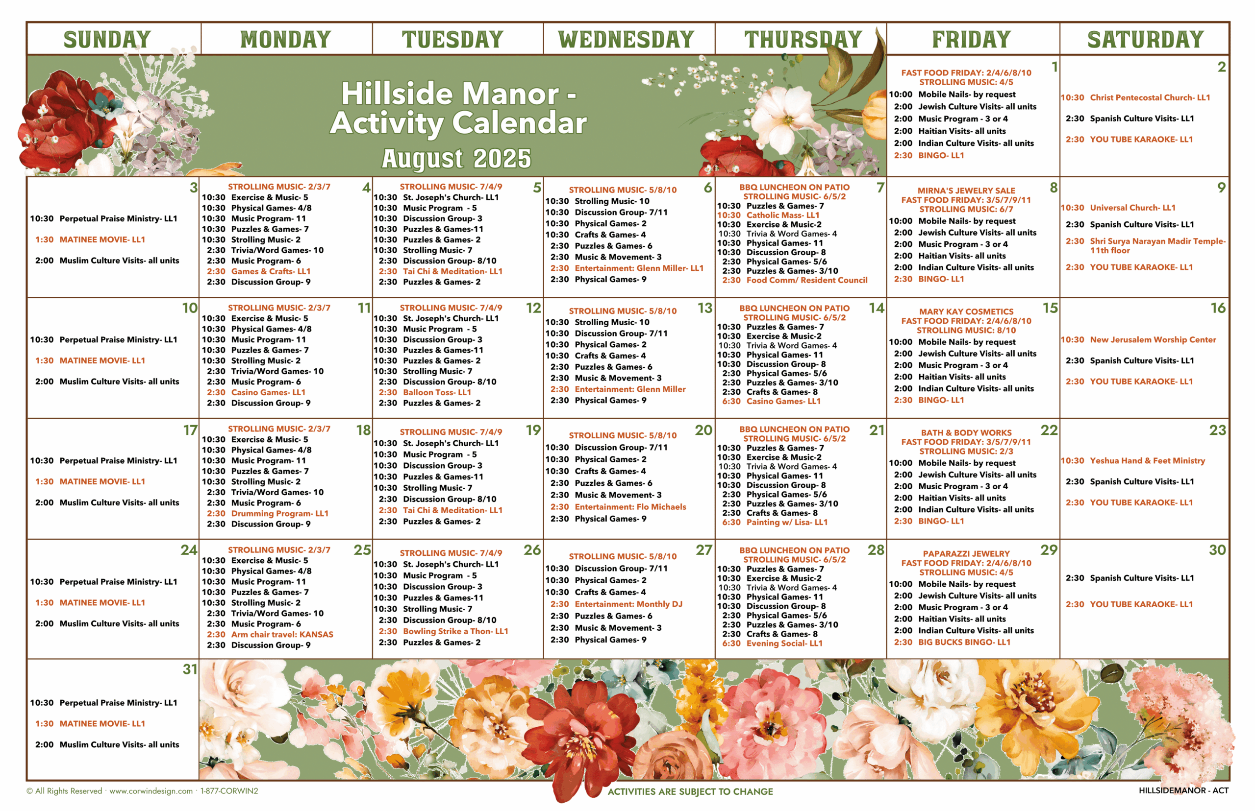 AUGUST- MONTHLY CALENDAR